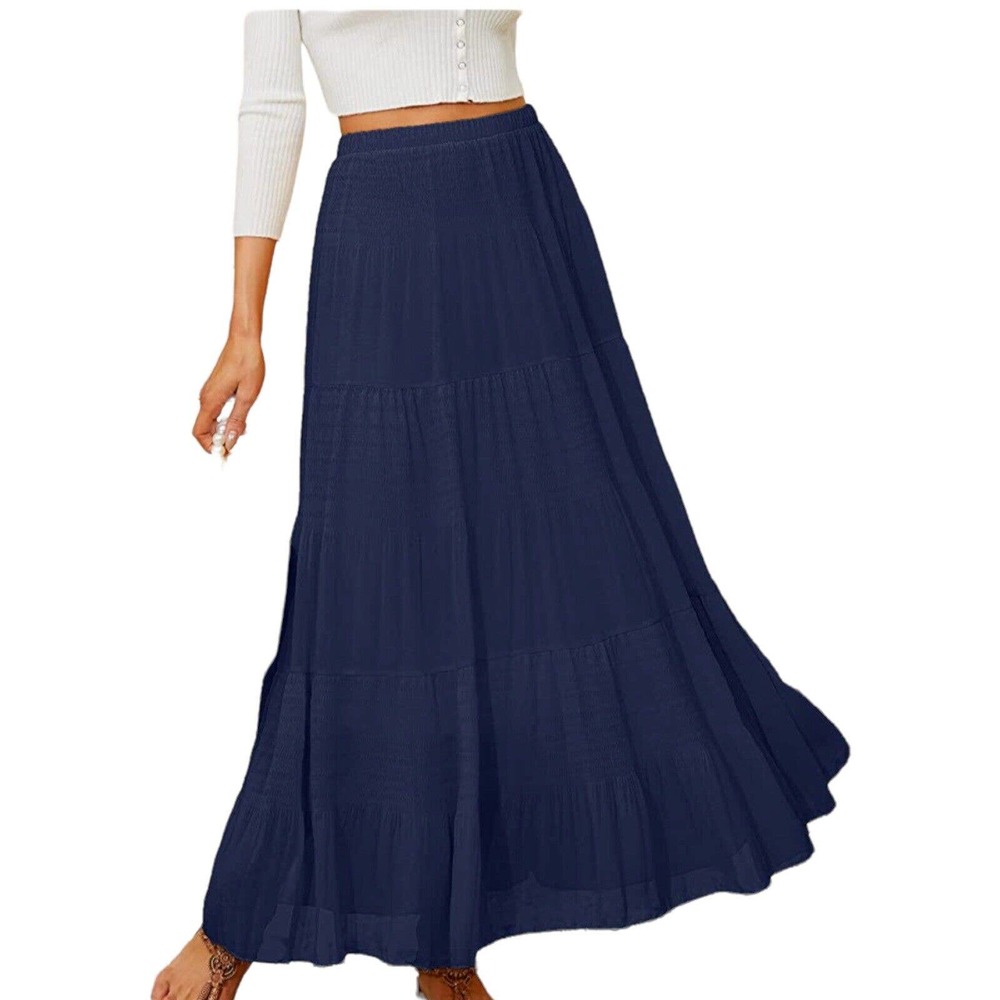 NASHALYLY Chiffon Elastic Pleated A-Line Maxi Skirt Blue 2XL New